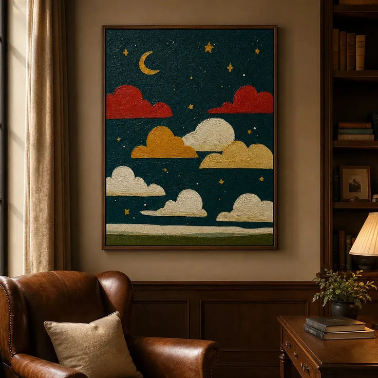 Whimsical Moonlit Sky – Colorful Cloud Wall Art