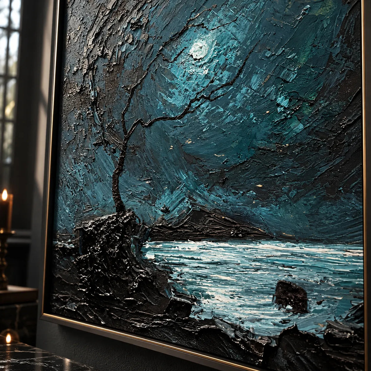 Moonlit Ocean – Moody Teal Impressionist Painting