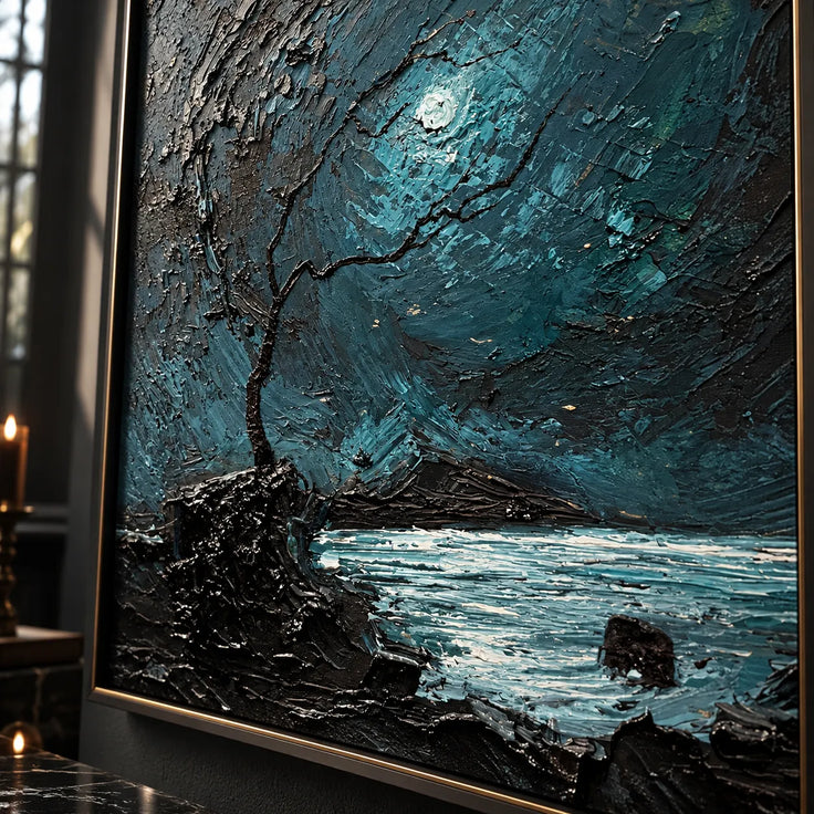 Moonlit Ocean – Moody Teal Impressionist Painting