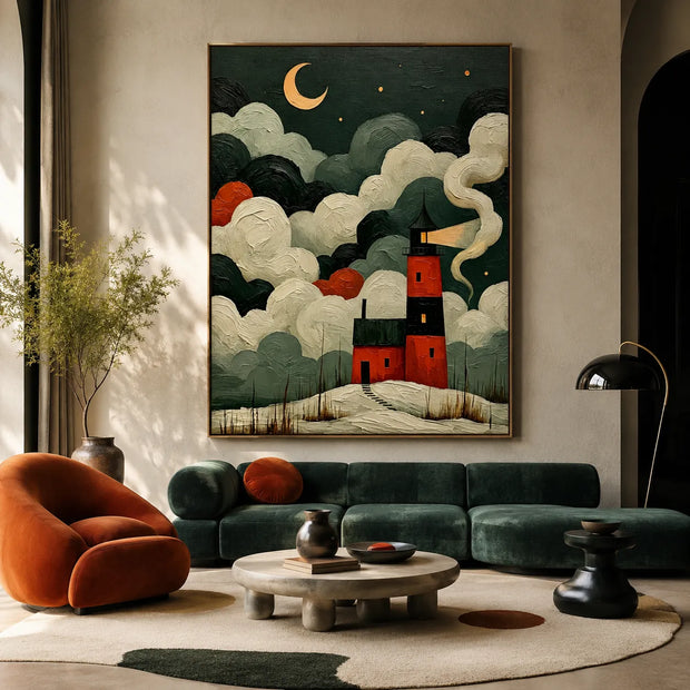 Moonlit Red Lighthouse