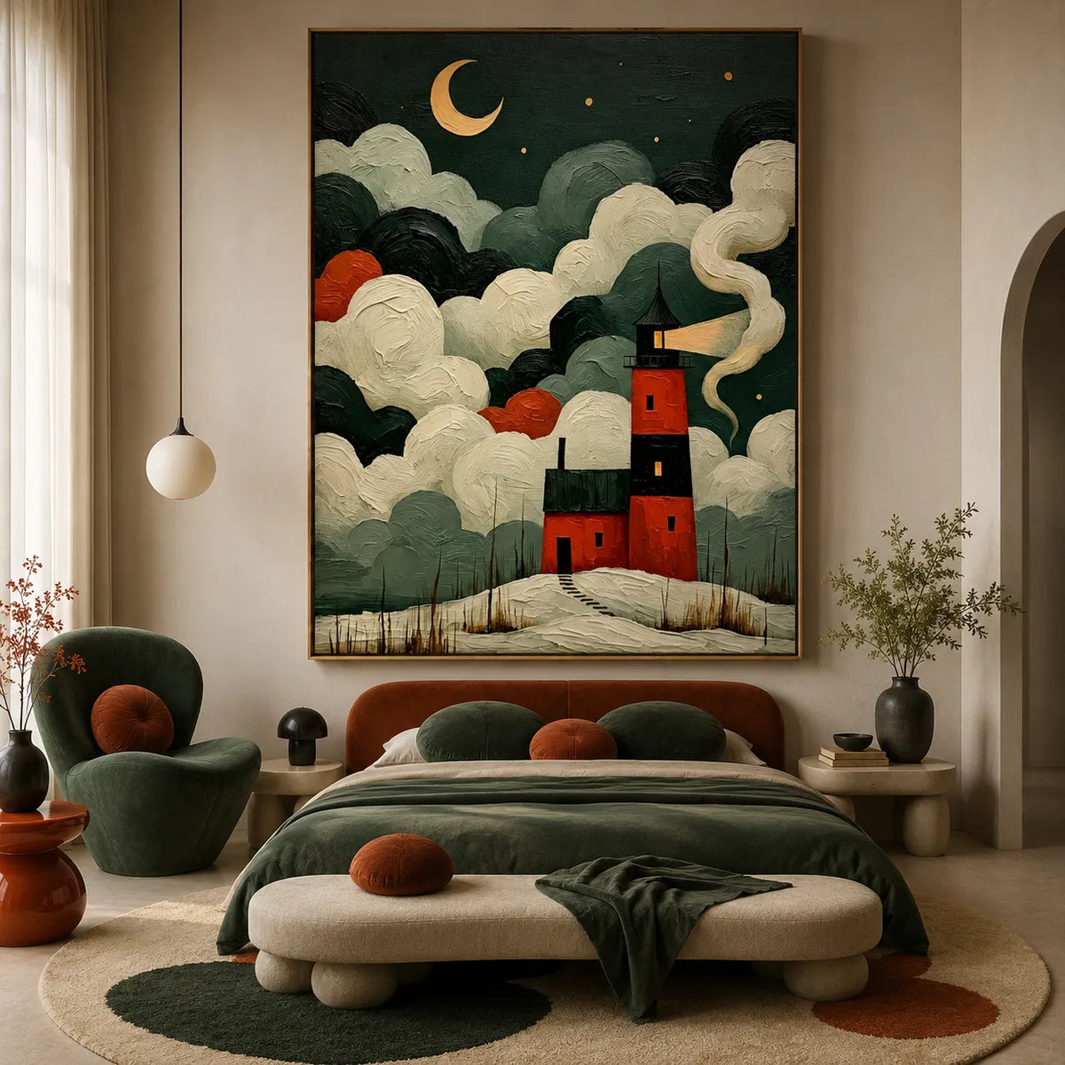 Moonlit Red Lighthouse