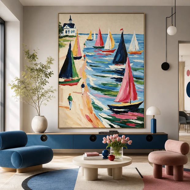 Colorful Sailboats by the Shore