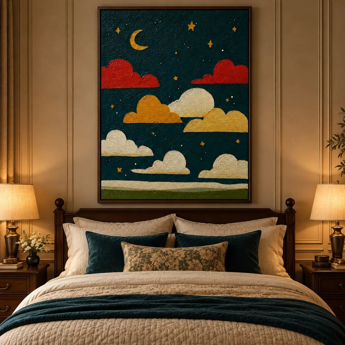 Whimsical Moonlit Sky – Colorful Cloud Wall Art
