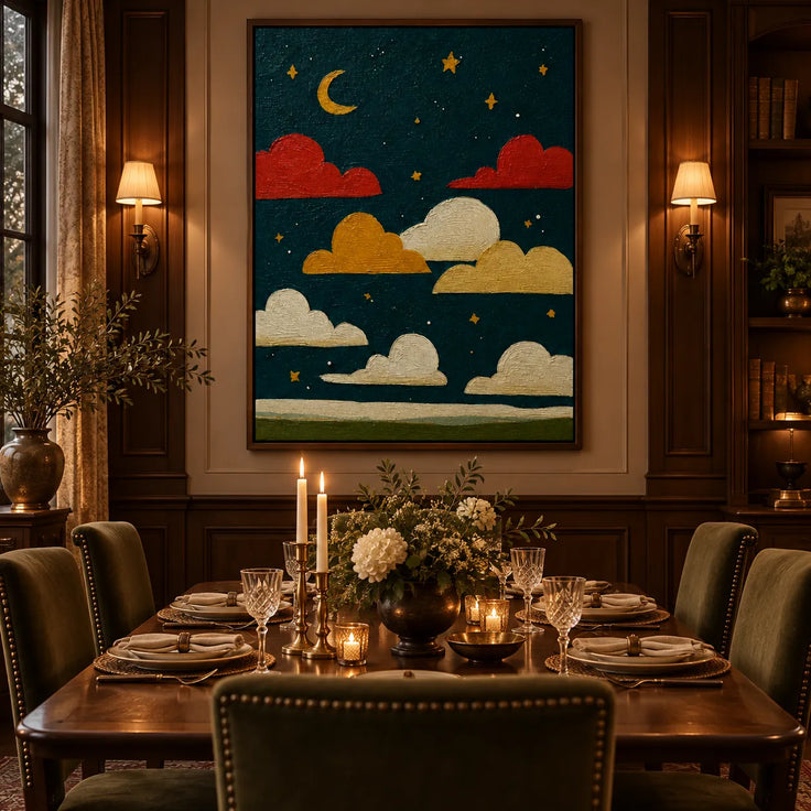 Whimsical Moonlit Sky – Colorful Cloud Wall Art