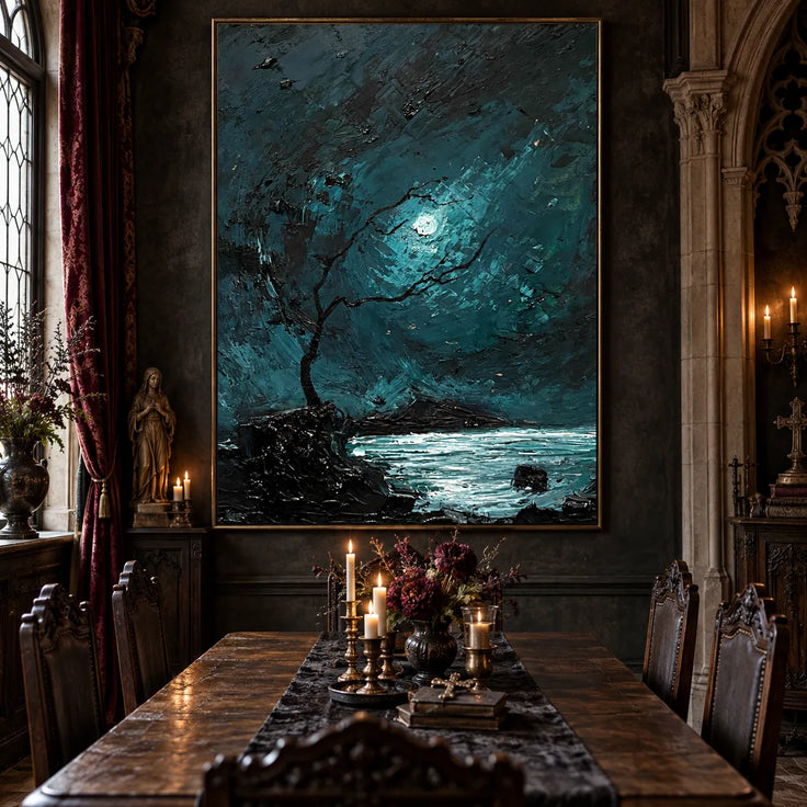 Moonlit Ocean – Moody Teal Impressionist Painting